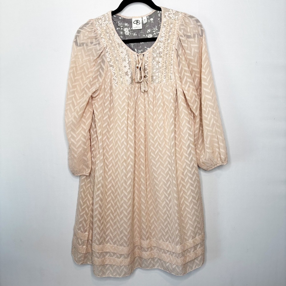 One September Shift Dress Size M Boho Embroidered Tassel‎ Tie Neck